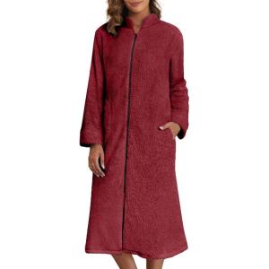 image:imageEkouaer Womens Zip Up Robe Fleece Bathrobe Long Zipper Lounger Warm Housecoat Long Sleeve Nightgown with Pockets SXXLWine Red