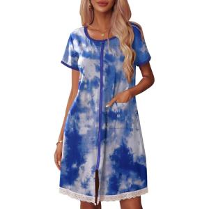 image:imageEkouaer Womens Zipper Front Housecoats Short Sleeve Bathrobes Lace Trim Nightgown with PocketsBlue White Tie Dye