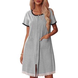 image:imageEkouaer Womens Zipper Front Housecoats Short Sleeve Bathrobes Lace Trim Nightgown with PocketsLight Gray