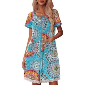 image:imageEkouaer Womens Zipper Front Housecoats Short Sleeve Bathrobes Lace Trim Nightgown with PocketsMix Blue