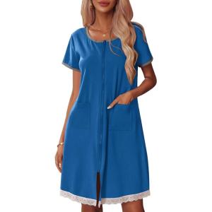 image:imageEkouaer Womens Zipper Front Housecoats Short Sleeve Bathrobes Lace Trim Nightgown with PocketsRoyal Blue