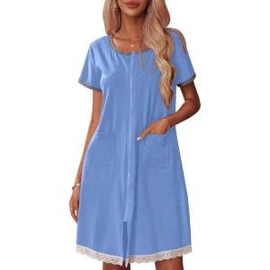image:imageEkouaer Womens Zipper Front Housecoats Short Sleeve Bathrobes Lace Trim Nightgown with PocketsSky Blue