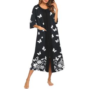image:imageEkouaer Womens Zipper Robe 34 Sleeve Housecoats Full Length House Dress Loungewear Long Nightgown with PocketsBlack Butterfly