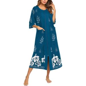image:imageEkouaer Womens Zipper Robe 34 Sleeve Housecoats Full Length House Dress Loungewear Long Nightgown with PocketsBlue Flower