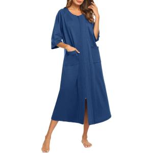 image:imageEkouaer Womens Zipper Robe 34 Sleeve Housecoats Full Length House Dress Loungewear Long Nightgown with PocketsNavy