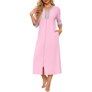 image:imageEkouaer Womens Zipper Robe 34 Sleeves Housecoat Full Length Nightgown Soft Loungewear Robe with Pockets S3XLPink