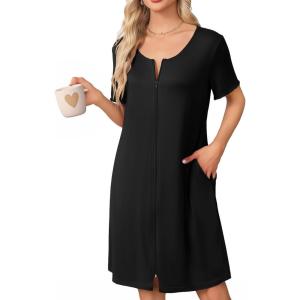 image:imageEkouaer Womens Zipper Robe Short Sleeve Bathrobes Summer Sleepwear Soft Housecoat with Pockets Zip Up House Robes S3XLBlack