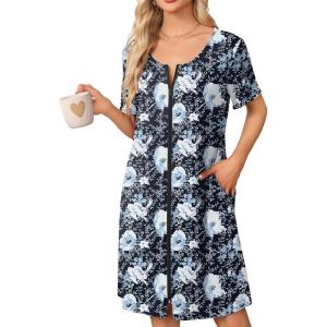 image:imageEkouaer Womens Zipper Robe Short Sleeve Bathrobes Summer Sleepwear Soft Housecoat with Pockets Zip Up House Robes S3XLFloral Black
