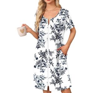 image:imageEkouaer Womens Zipper Robe Short Sleeve Bathrobes Summer Sleepwear Soft Housecoat with Pockets Zip Up House Robes S3XLFloral White