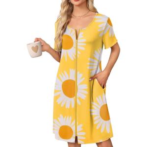 image:imageEkouaer Womens Zipper Robe Short Sleeve Bathrobes Summer Sleepwear Soft Housecoat with Pockets Zip Up House Robes S3XLFloral Yellow