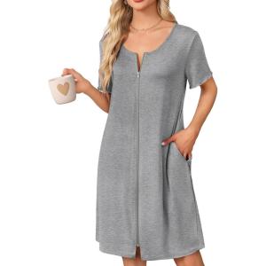 image:imageEkouaer Womens Zipper Robe Short Sleeve Bathrobes Summer Sleepwear Soft Housecoat with Pockets Zip Up House Robes S3XLMedium Gray