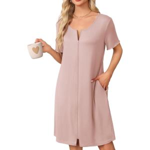 image:imageEkouaer Womens Zipper Robe Short Sleeve Bathrobes Summer Sleepwear Soft Housecoat with Pockets Zip Up House Robes S3XLMisty Rose