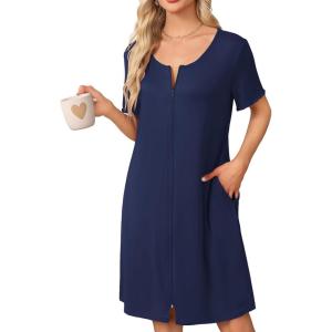 image:imageEkouaer Womens Zipper Robe Short Sleeve Bathrobes Summer Sleepwear Soft Housecoat with Pockets Zip Up House Robes S3XLNavy Blue