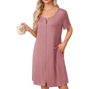image:imageEkouaer Womens Zipper Robe Short Sleeve Bathrobes Summer Sleepwear Soft Housecoat with Pockets Zip Up House Robes S3XLPurplish Red