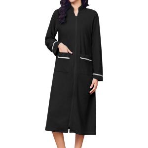 image:imageEkouaer Womens Zipper Robes Long Sleeve Loungewear Knee Length Housecoat Fleece Bathrobe with Pockets SXXLBlack