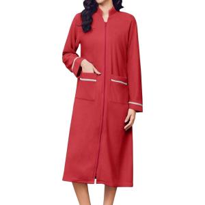 image:imageEkouaer Womens Zipper Robes Long Sleeve Loungewear Knee Length Housecoat Fleece Bathrobe with Pockets SXXLDark Red