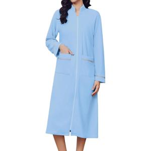 image:imageEkouaer Womens Zipper Robes Long Sleeve Loungewear Knee Length Housecoat Fleece Bathrobe with Pockets SXXLLight Blue