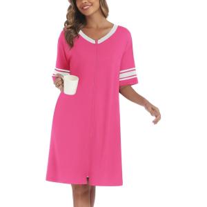 image:imageEkouaer Zip Up Robe for Women Color Block Lightweight Summer Bathrobes Zip Front Robes Loose Sleepwear Hot Pink L