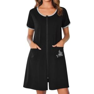 image:imageEkouaer Zip Up Robes for Women Short Sleeves Zipper House Coat Short Bathrobes Lightweight Nightgown with Pockets S3XLBlack
