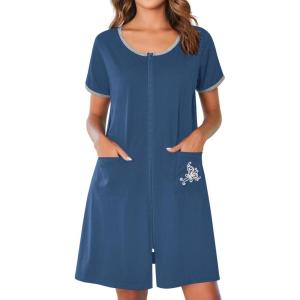 image:imageEkouaer Zip Up Robes for Women Short Sleeves Zipper House Coat Short Bathrobes Lightweight Nightgown with Pockets S3XLDark Blue