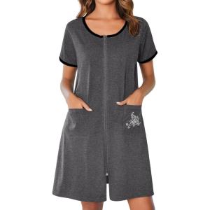 image:imageEkouaer Zip Up Robes for Women Short Sleeves Zipper House Coat Short Bathrobes Lightweight Nightgown with Pockets S3XLDark Gray