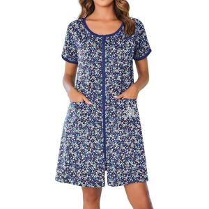 image:imageEkouaer Zip Up Robes for Women Short Sleeves Zipper House Coat Short Bathrobes Lightweight Nightgown with Pockets S3XLFloral Dark Blue