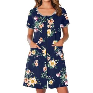 image:imageEkouaer Zip Up Robes for Women Short Sleeves Zipper House Coat Short Bathrobes Lightweight Nightgown with Pockets S3XLFloral Navy