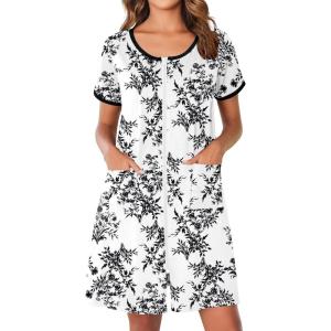 image:imageEkouaer Zip Up Robes for Women Short Sleeves Zipper House Coat Short Bathrobes Lightweight Nightgown with Pockets S3XLFloral White