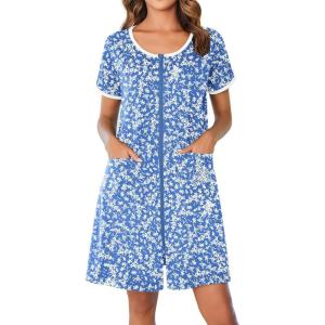 image:imageEkouaer Zip Up Robes for Women Short Sleeves Zipper House Coat Short Bathrobes Lightweight Nightgown with Pockets S3XLFlower Blue
