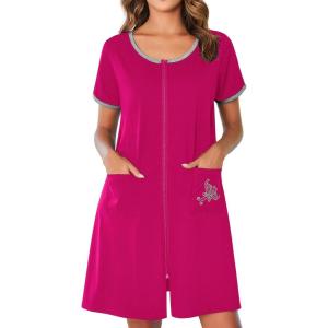image:imageEkouaer Zip Up Robes for Women Short Sleeves Zipper House Coat Short Bathrobes Lightweight Nightgown with Pockets S3XLRose Red