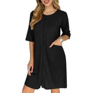image:imageEkouaer Zip Up Robes for Women Short Waffle Bathrobe Lightweight house coat 34 Sleeve Soft Nightgown with Pockets S3XLBlack