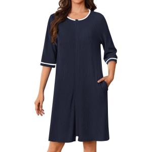 image:imageEkouaer Zip Up Robes for Women Short Waffle Bathrobe Lightweight house coat 34 Sleeve Soft Nightgown with Pockets S3XLDark Blue