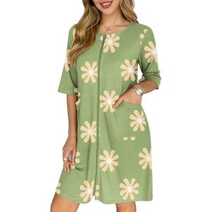 image:imageEkouaer Zip Up Robes for Women Short Waffle Bathrobe Lightweight house coat 34 Sleeve Soft Nightgown with Pockets S3XLGreen Floral