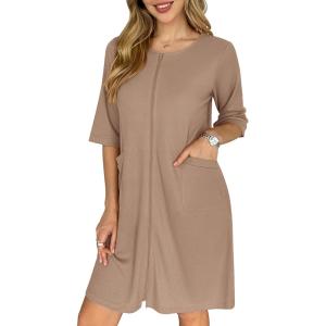 image:imageEkouaer Zip Up Robes for Women Short Waffle Bathrobe Lightweight house coat 34 Sleeve Soft Nightgown with Pockets S3XLKhaki