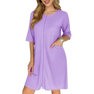 image:imageEkouaer Zip Up Robes for Women Short Waffle Bathrobe Lightweight house coat 34 Sleeve Soft Nightgown with Pockets S3XLLavender