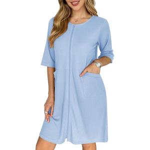 image:imageEkouaer Zip Up Robes for Women Short Waffle Bathrobe Lightweight house coat 34 Sleeve Soft Nightgown with Pockets S3XLLight Blue