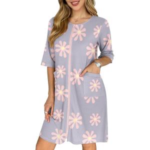 image:imageEkouaer Zip Up Robes for Women Short Waffle Bathrobe Lightweight house coat 34 Sleeve Soft Nightgown with Pockets S3XLLight Purple Floral