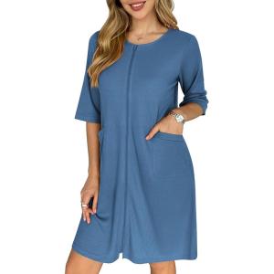 image:imageEkouaer Zip Up Robes for Women Short Waffle Bathrobe Lightweight house coat 34 Sleeve Soft Nightgown with Pockets S3XLNavy