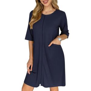 image:imageEkouaer Zip Up Robes for Women Short Waffle Bathrobe Lightweight house coat 34 Sleeve Soft Nightgown with Pockets S3XLNavy Blue