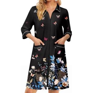 image:imageEkouaer Zipper Robes for Women 34 Sleeve Housecoats Knee Length Bathrobe Lightweight Nightgown with Pockets S3XLButterfly Flowers