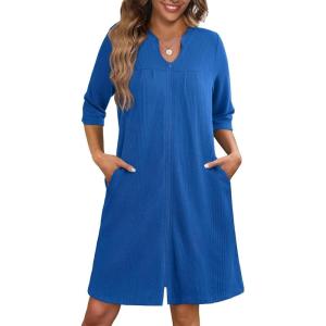 image:imageEkouaer Zipper Robes for Women 34 Sleeve Waffle Knit Bathrobe Lightweight Short Housecoat with Pockets Soft Loungewear S3XLBlue