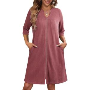 image:imageEkouaer Zipper Robes for Women 34 Sleeve Waffle Knit Bathrobe Lightweight Short Housecoat with Pockets Soft Loungewear S3XLCaramel