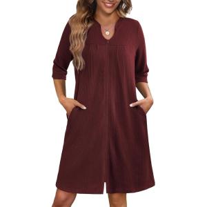 image:imageEkouaer Zipper Robes for Women 34 Sleeve Waffle Knit Bathrobe Lightweight Short Housecoat with Pockets Soft Loungewear S3XLDark Red