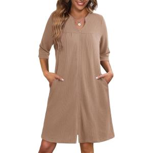 image:imageEkouaer Zipper Robes for Women 34 Sleeve Waffle Knit Bathrobe Lightweight Short Housecoat with Pockets Soft Loungewear S3XLKhaki