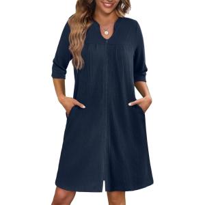 image:imageEkouaer Zipper Robes for Women 34 Sleeve Waffle Knit Bathrobe Lightweight Short Housecoat with Pockets Soft LoungewearNavy Blue