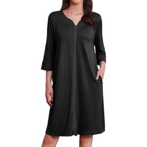 image:imageEkouaer Zipper Robes for Women 34 Sleeves Housecoat Soft Nightgowns Sleepwear Mumu House Dresses with PocketsBlack