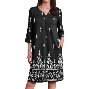 image:imageEkouaer Zipper Robes for Women 34 Sleeves Housecoat Soft Nightgowns Sleepwear Mumu House Dresses with PocketsBlack Ethnic Print