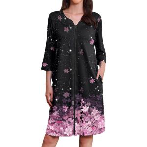 image:imageEkouaer Zipper Robes for Women 34 Sleeves Housecoat Soft Nightgowns Sleepwear Mumu House Dresses with PocketsBlack Sakura