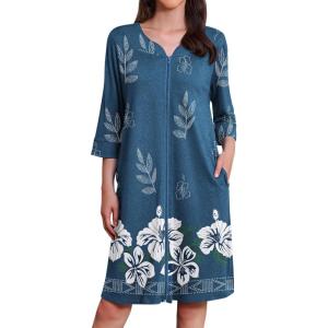 image:imageEkouaer Zipper Robes for Women 34 Sleeves Housecoat Soft Nightgowns Sleepwear Mumu House Dresses with PocketsBlue White Floral