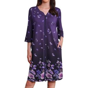 image:imageEkouaer Zipper Robes for Women 34 Sleeves Housecoat Soft Nightgowns Sleepwear Mumu House Dresses with PocketsDeep Purple Floral